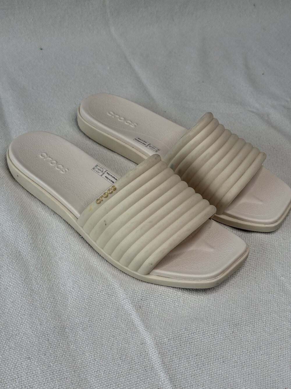 Crocs Miami Slide Sandals Women's Beige Slip On Flip Flop Polyester Shoes - 8